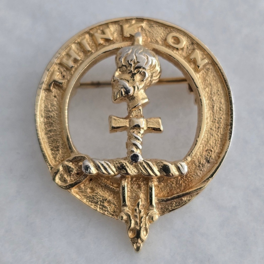 Clan MacLellan Pin Brooch Crest Badge Celtic Scottish Think On Motto Gold Tone